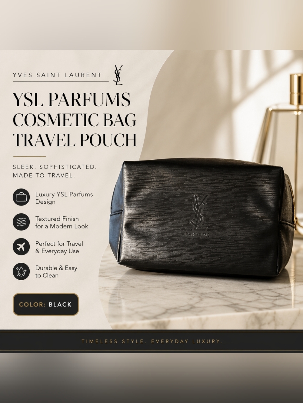 YSL Parfums Black Textured Cosmetic Bag Travel Pouch Makeup Case